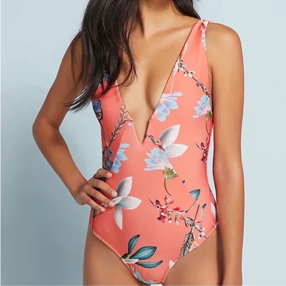 SALINAS***Orange Floral Plunge One-Piece Swimsuit***Large $158 NWT